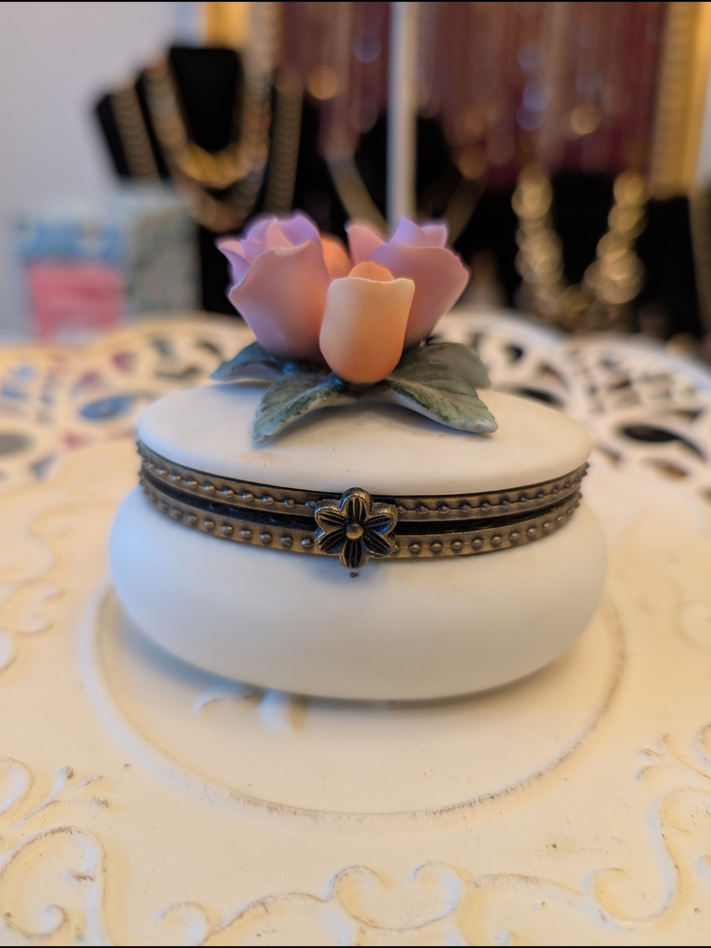 Andrea By Sadek White Porcelain Jewelry Box with Gold Label